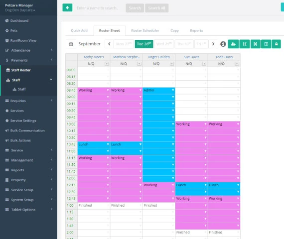 Rostering software including roster spreadsheets and visual scheduling